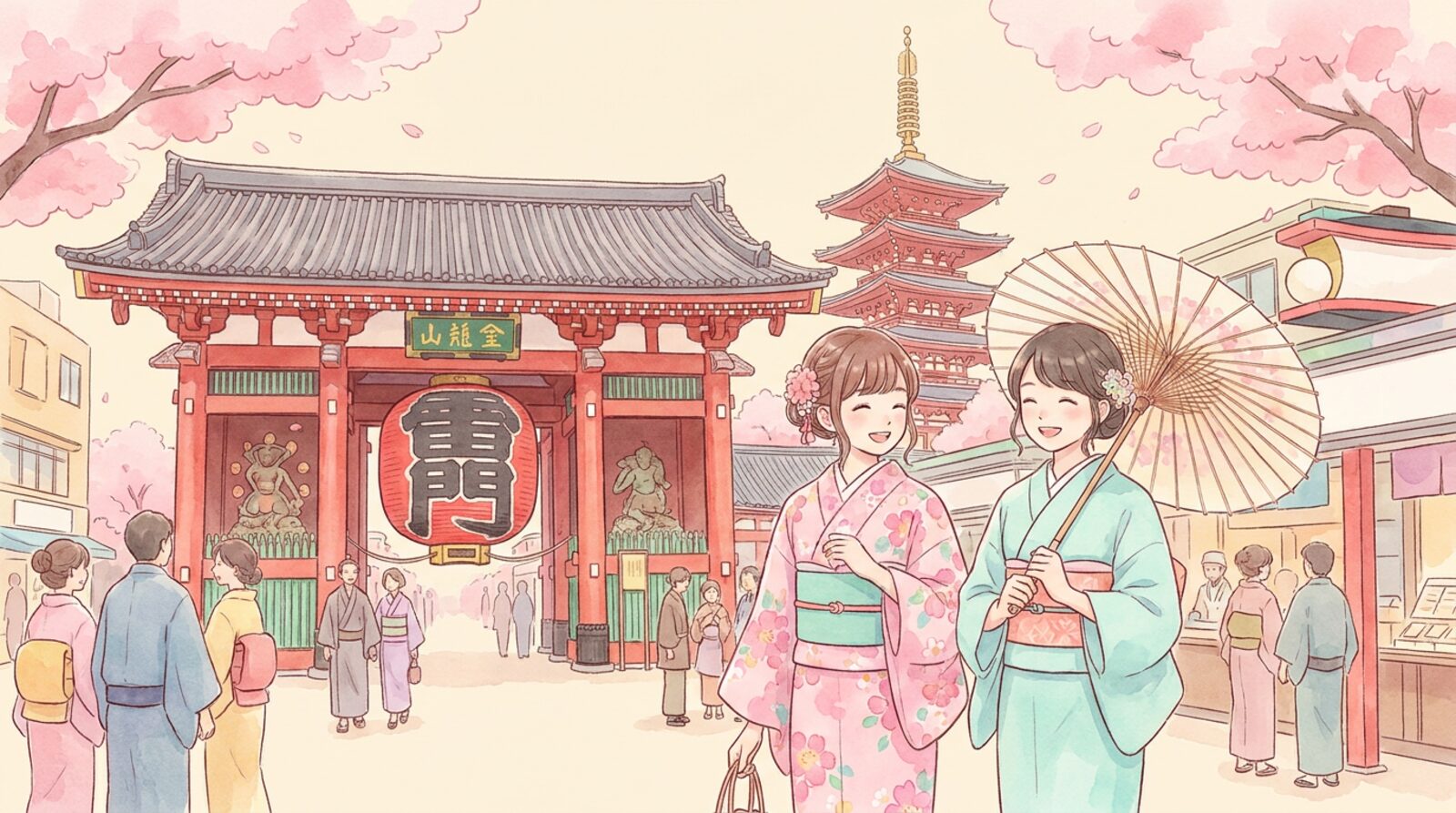 浅草を浴衣で歩くふたりのイラスト