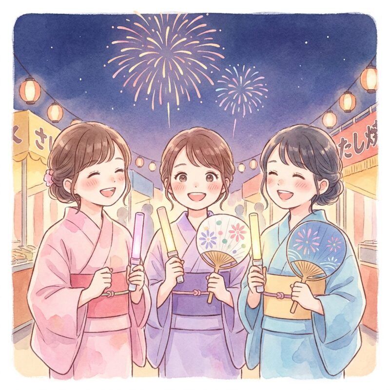 推しカラーの浴衣でペンライトを持つ三人