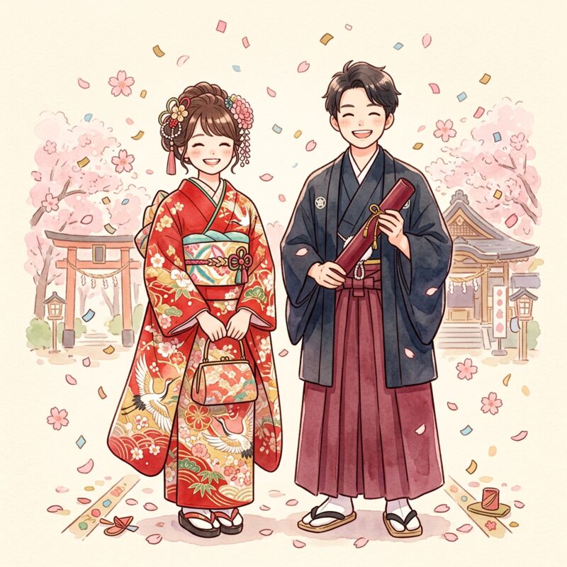 振袖と袴のイラスト